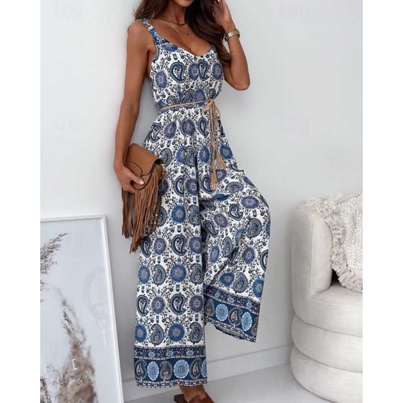 Women's Normal Jumpsuit Streetwear Floral Sleeveless V Neck Print Street Daily Regular Fit Navy Blue Royal Blue Blue Summer