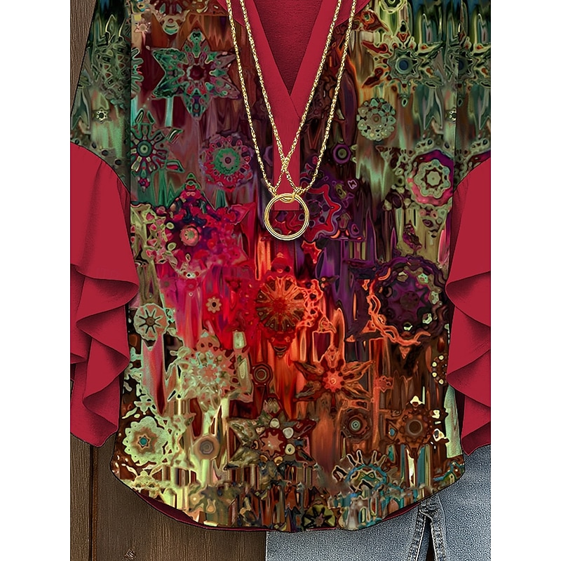 Women's Retro Blouse Layered Ruffle Sleeve Tops Vintage Graphic Abstract Bohemia Vintage Daily 3/4 Length Sleeve Regular Tops Daily Holiday Vacation Wear Print Red Blue Purple Green Summer3