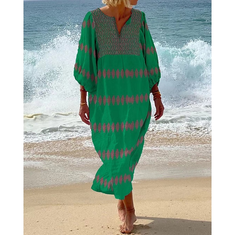 Women's Maxi Dress Shift Dress Casual Beach Regular Fit Floral 3/4 Length Sleeve V Neck White Yellow Blue Green Summer4