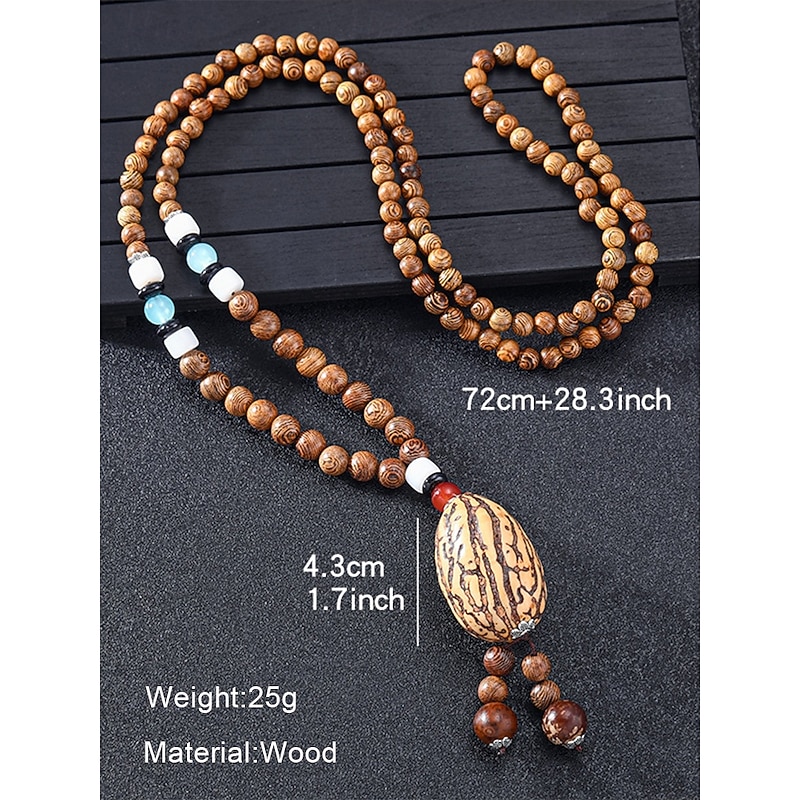Men's Natural Wood Bead Necklace with Tibetan Totem Pendant, Boho Ethnic Style Long Chain Jewelry for Meditation, Yoga, Spiritual Gatherings and Casual Summer Outfits4