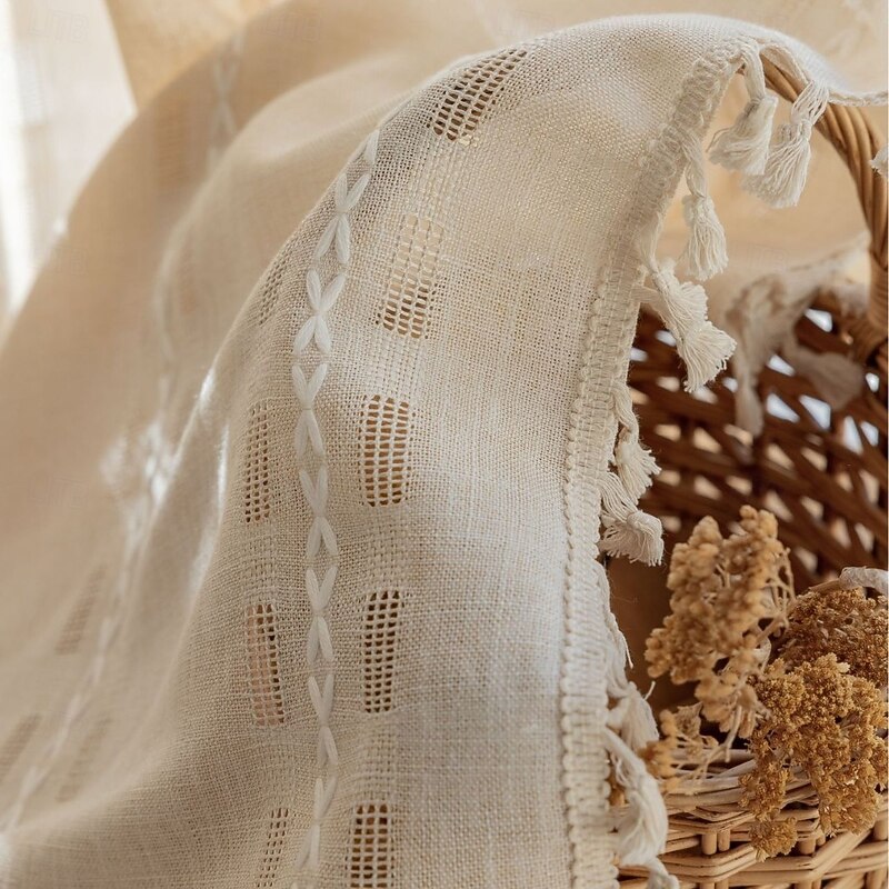 Boho Curtains Crochet Lace Patchwork Semi-Blackout Bohemian Handmade Tassels, Rod Pocket Window Treatment Vintage Rustic Farmhouse Drapes for Living Bedroom3