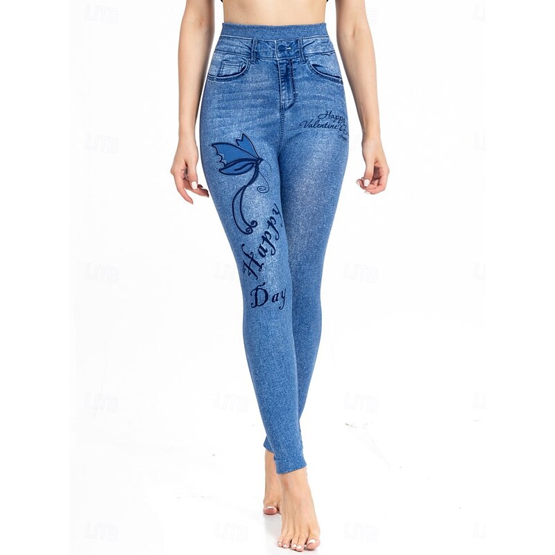 Women's Leggings Trousers 3D Print Chinos Vacation Streetwear Casual Full Length High Waist Butterfly Flower Printing Comfy Soft Comfortable Stretchy Outdoor Street Blue Dark Blue Summer Skinny2