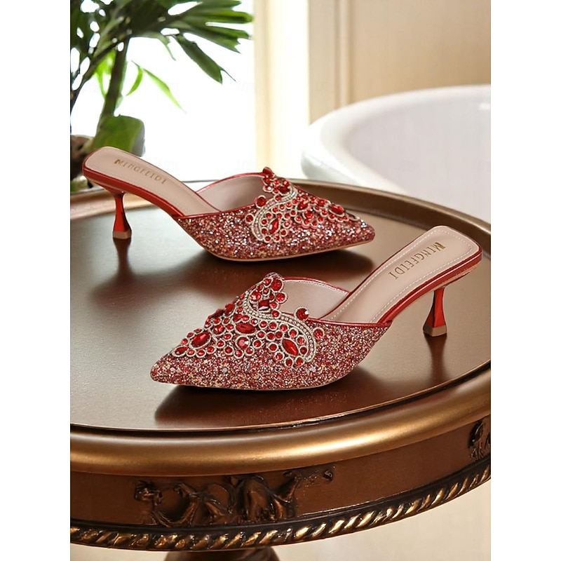 Women's Gold Sequin Embellished Mule Heels - Pointed Toe Slip-On Party Shoes with Rhinestone Detailing for Glamorous Cocktail Events