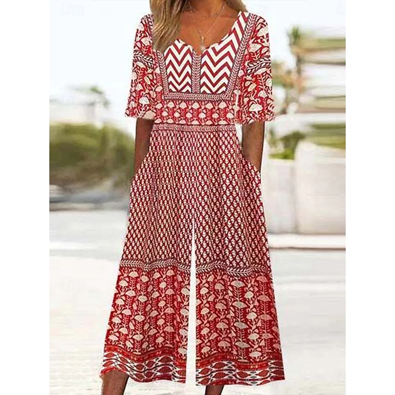 Women's Normal Jumpsuit Active Floral 3/4 Length Sleeve Wide Leg V Neck High Waist Vacation Daily Regular Fit Black Red Blue Summer3