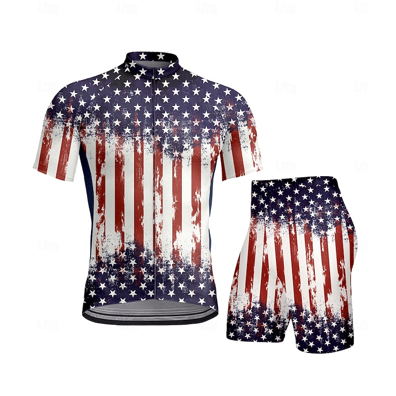 Men's Cycling Jersey with Shorts Short Sleeve Navy Blue Bike Sports Graphic Geometric Vertical Stripes Clothing Apparel