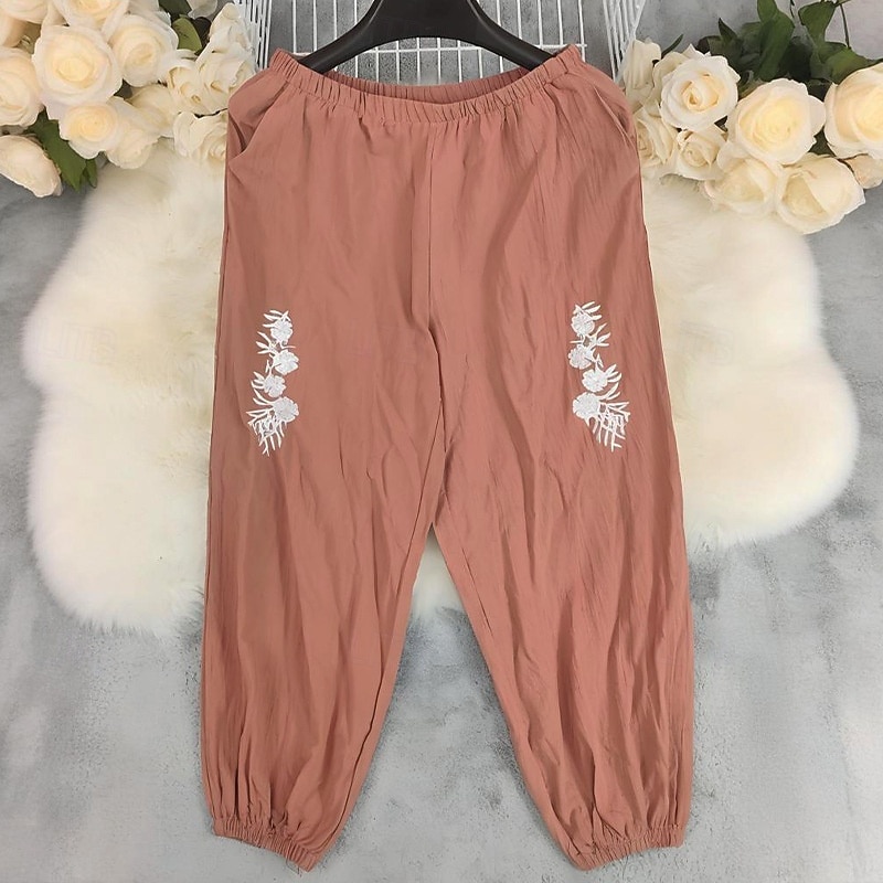 Women's Cotton Linen Pants Slacks Streetwear Casual Full Length Natural Flower Pocket Elastic Waist Comfy Outdoor Comfortable Outdoor Vacation Orange red Summer Regular Fit2