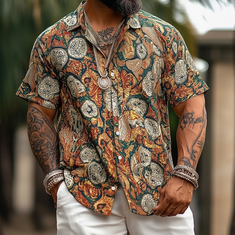 Men's Floral Print Indian Boho Shirt Summer Hawaiian Shirt Button Up Shirt Short Sleeve Hawaiian Vacation Holiday Beach Wear Summer Spring Turndown 3D Print Collared Shirts Orange Khaki2
