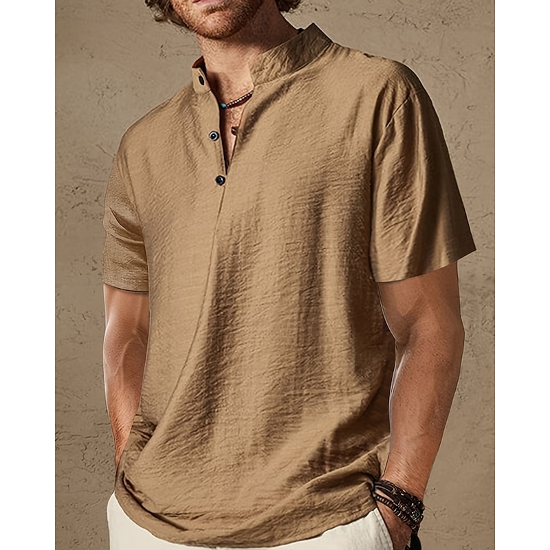 Men's Shirt Popover Shirt Summer Shirt Casual Shirt Beach Shirt Black Brown Short Sleeve Plain Band Collar Vacation Hawaiian Clothing Apparel Polyester Fashion Casual Comfortable