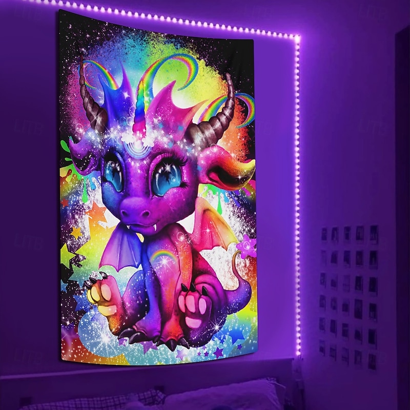 Sheena Pike Blacklight Tapestry Glow in the Dark Glow Party UV Reactive Trippy Misty Hanging Tapestry Wall Art Mural for Living Room Bedroom Rainbow Lil Dragonz3