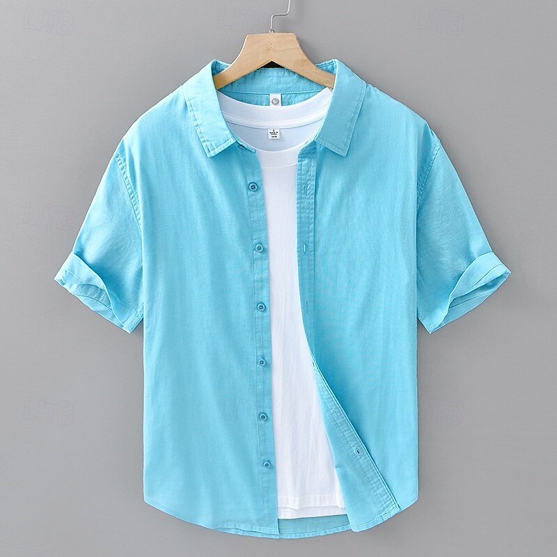 Men's Shirt Linen Shirt Casual Shirt Button Up Shirt Cotton Shirt Plain Vacation Street White Navy Blue Blue Sky Blue Short Sleeve Turndown Summer Clothing Apparel