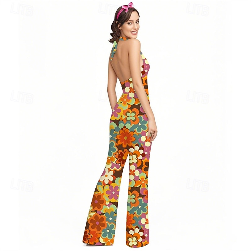 Retro Vintage Boho 1970s Bell Bottoms Jumpsuit Flared Trousers Hippie Disco Floral Fancy Dress Women's Halloween Carnival Vacation Music Festival Festival Adults' Jumpsuit2