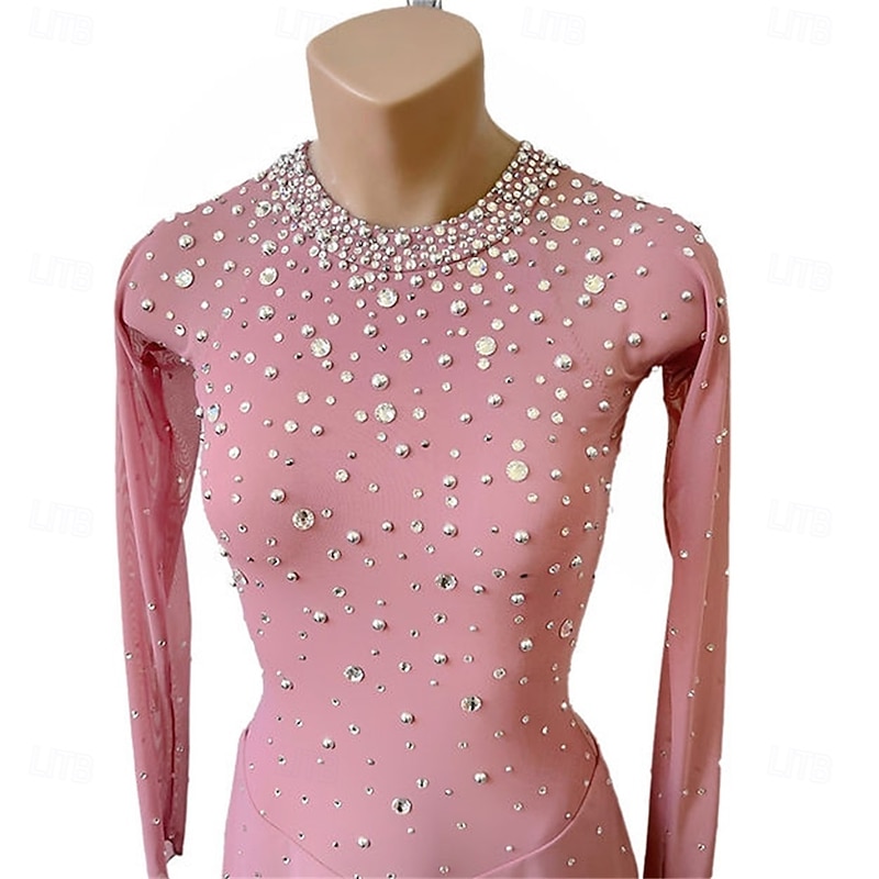 Figure Skating Dress Women's Girls' Ice Skating Dress Pink Patchwork Open Back Mesh High Elasticity Training Competition Skating Wear Classic Crystal / Rhinestone Long Sleeve Ice Skating Figure2