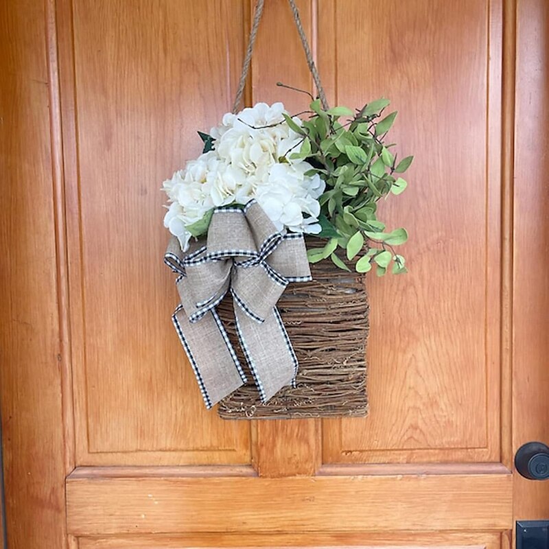 Cream Hydrangea Door Hanger Basket Wreath Spring Wreath Floral Artificial Hydrangea and Vine Basket Door Hanging Decoration with Rustic Twigs for Front Door, Porch, Living Room, Cafe4