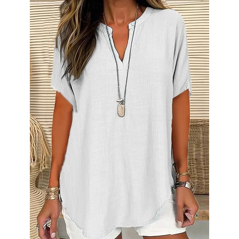 Women's Blouse Solid Color Elegant Casual Short Sleeve V Neck Regular Tops Daily Holiday Black White Pink Blue Green Summer Spring2
