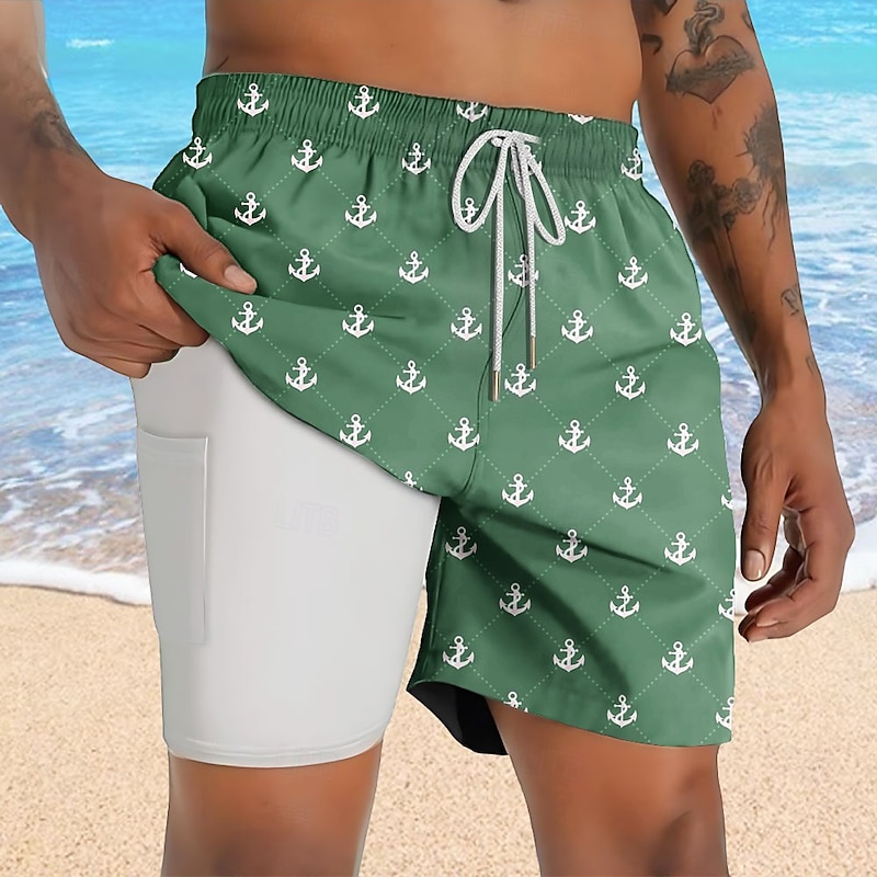 Men's Nautical Anchor Lined Shorts 2 in 1 Board Shorts Swim Shorts Mid Waist Hawaiian Vacation Holiday Beach Wear Side Pockets With Compression Liner Elastic Drawstring Waist Designer Clothing Apparel4