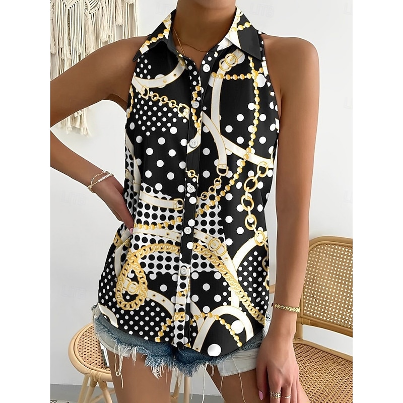 Women's Shirt Button Down Blouse Graphic Color Block Stylish Casual Sleeveless Shirt Button Down Blouse Collar Regular Tops Daily Buttons Print Black Navy Blue Blue Rainbow Summer
