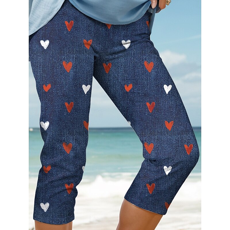Women's Leggings Vacation Vintage Fashion Calf-Length High Waist Heart Graphic Printing Breathable Soft Stretchy Formal Outdoor Vacation Robin's Egg Blue Navy Sky Blue White Summer Spring Slim Fit3