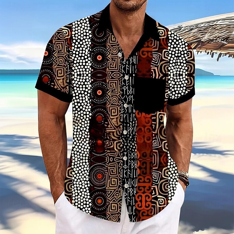 Men's Geometric Ethic / African Shirt Button Up Shirt Short Sleeves Vintage Retro Casual Daily Summer Spring Turndown 3D Print Front One Pocket Linen Like Shirt Black