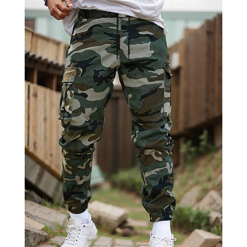 Men's Cargo Pants Trousers Camo Pants Drawstring Elastic Waist Multi Pocket Camo Wearable Outdoor Daily Camping & Hiking Fashion Classic Black Army Green