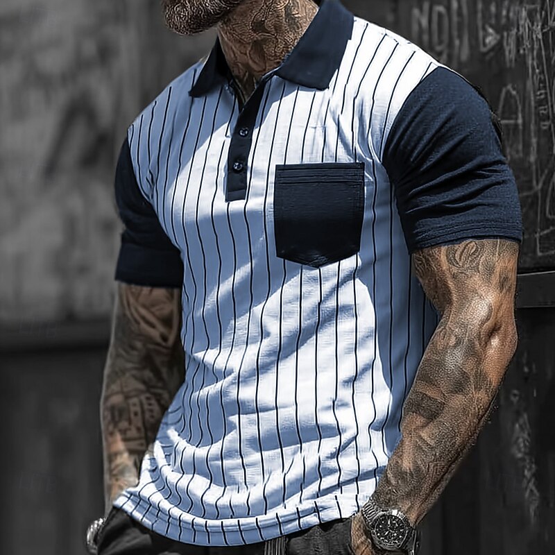 Men's Vertical Stripes Polo Short Sleeve Turndown Casual Daily Athleisure Casual Daily Buttons Pocket Summer Robin's Egg Blue White2