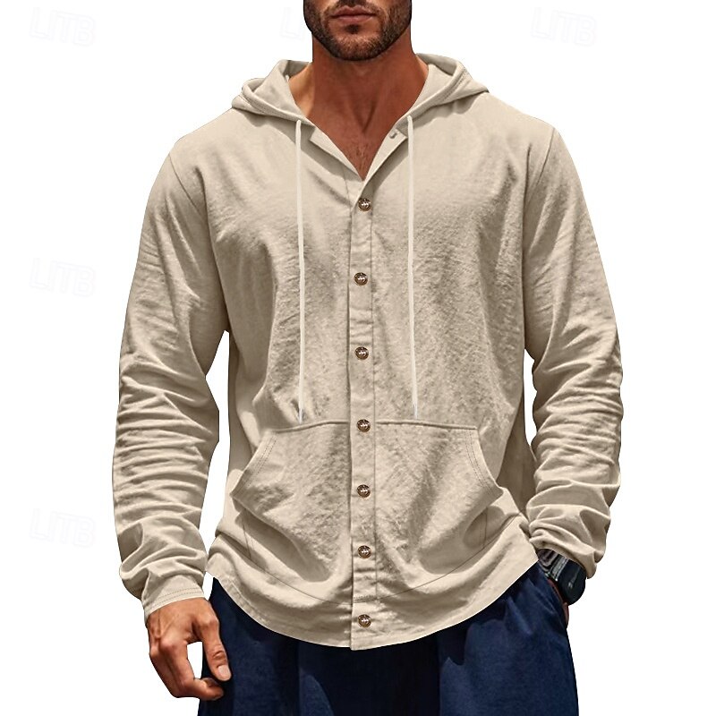 Men's Shirt Linen Shirt Summer Shirt Beach Wear Hooded Shirt Untucked Shirts Solid Color Vacation Street Black White Navy Blue Sky Blue Long Sleeve Hoodie Summer Spring Clothing Apparel2