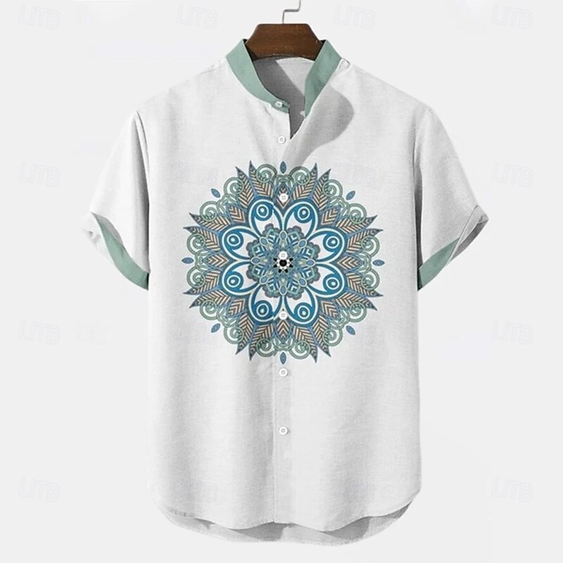 Men's Geometric Floral Print Ethnic Shirt Button Up Shirt Stand Collar Shirt Short Sleeve Vintage Retro Vacation Dailywear Beach Wear Summer Spring Mandarin Collar 3D Print Linen Like Shirt White3