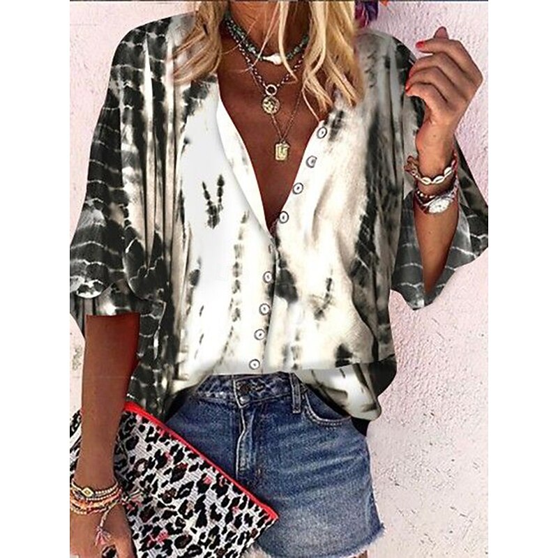 Women's Blouse Long Sleeve Button Down Blouse Graphic Butterfly Tie Dye Bohemia Daily Casual Sleeveless 3/4 Length Sleeve High Neck Regular Tops Buttons Print Black White Summer Spring4