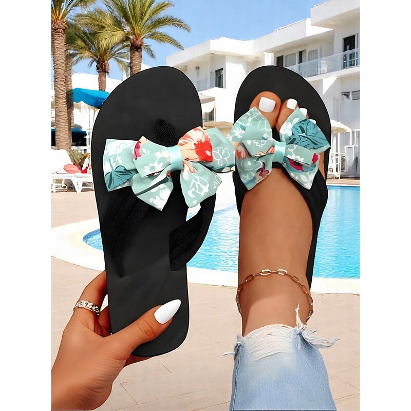 Women's Floral Bow Flip Flops – Casual Beach Sandals with Soft Sole and Cute Design for Poolside, Resort, and Summer Vacations2