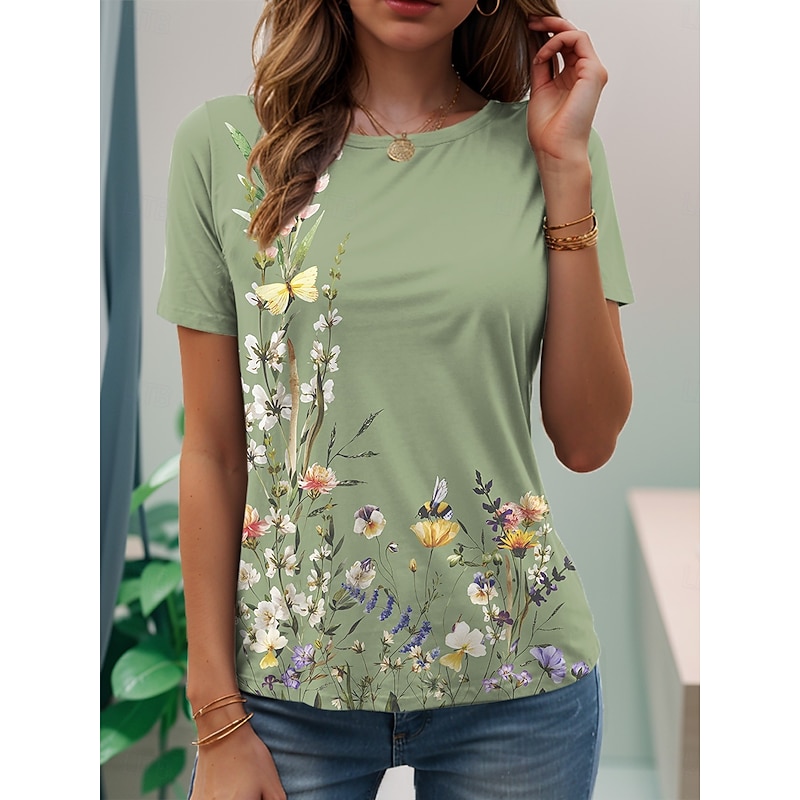 Women's T Shirt Floral Graphic Plants Vintage Stylish Classic Short Sleeve Crew Neck Round Neck Regular Tops Daily Print Purple Green off-white Gray Summer