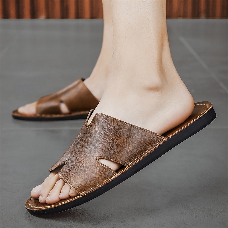 Men's Brown Faux Leather Slide Sandals with Open Toe – Comfortable Slip-On Summer Shoes for Beach, Pool or Casual Lounging2