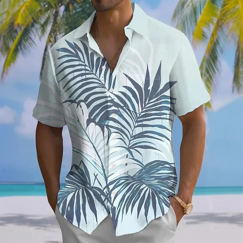 Men's Palm Leaf Tropical Plants Summer Hawaiian Shirt Button Up Shirt Aloha Shirt Short Sleeve Hawaiian Holiday Beach Wear Summer Spring Turndown 3D Print Collared Shirts Front One Pocket Light Blue