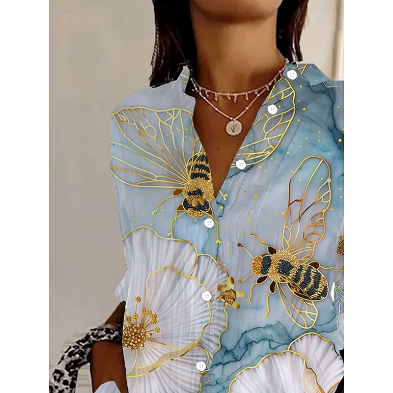 Women's Shirt Button Down Tunic Shirt Collar Long Sleeve Floral Graphic Vintage Tropical Daily Regular Tops Work Daily s Print Light Blue Spring2