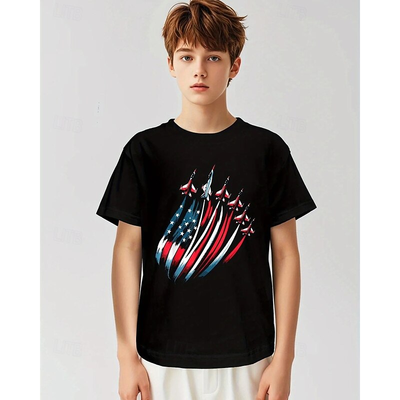 100% Cotton American Independence Day Kids Boys Black American Flag T shirt Tops Crew Neck Short Sleeve Vacation Casual Daily Wear Fashion Sport Print Summer4