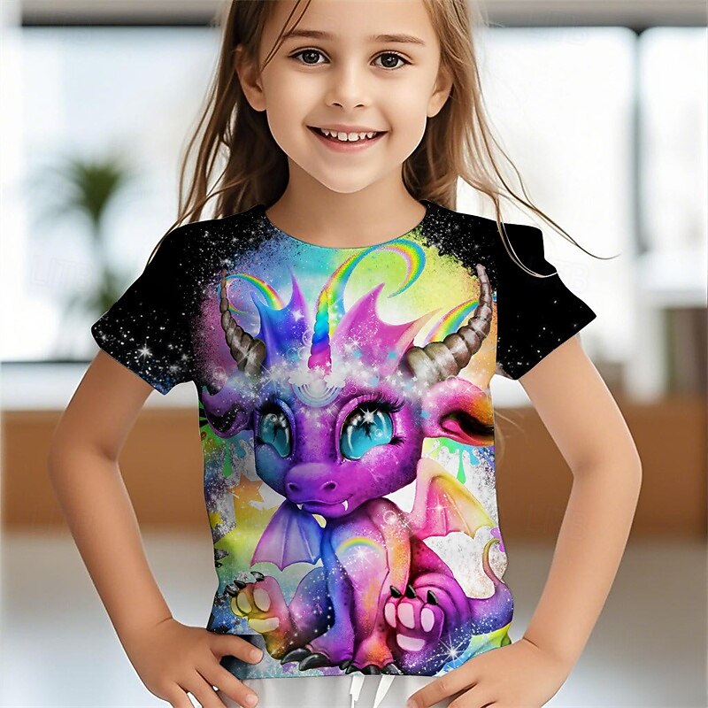 Rainbow Lil Dragonz by Sheena Pike Girls' 3D Rainbow Dragon T shirt Tee Short Sleeve Summer Spring Fashion Basic Kids 4-12 Years Crew Neck Outdoor Casual Daily Regular Fit