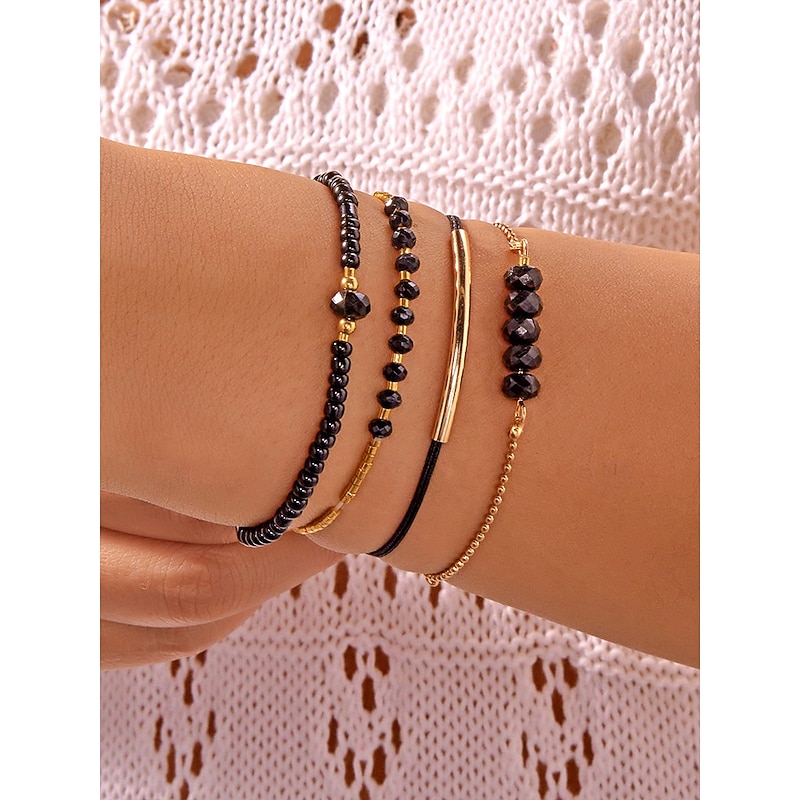 Women's Bohemian black beaded bracelet set, Gold embellishment, Adjustable, Fashionable and trendy jewelry, Suitable for daily wear, Travel and party wear3