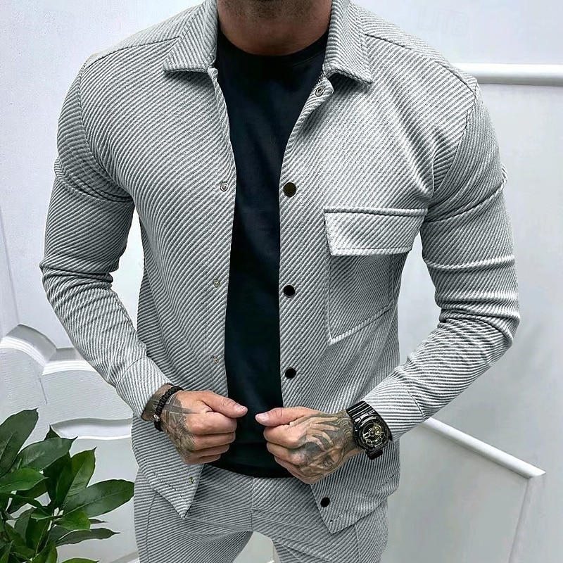 Men's Shirt Jacket Transition Jacket Daily Lightweight Jacquard Summer Spring Plain Classic Lapel Black White Khaki Light Grey Dark Gray Jacket