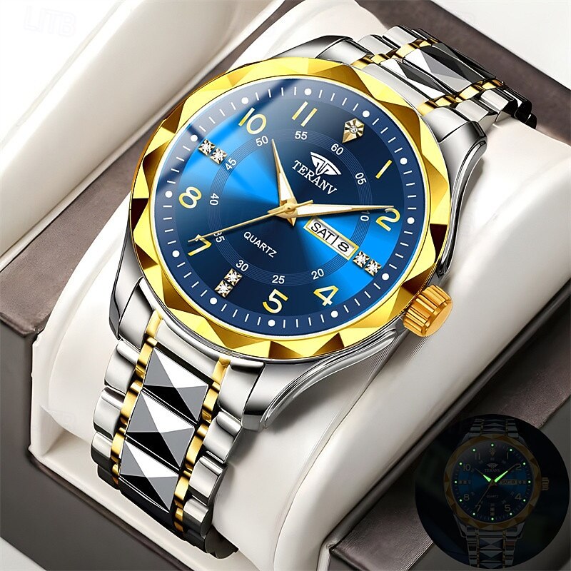 A New Digital Diamond-Shaped Dial Elegant Men'S Quartz Watch - Ipx7 Waterproof Rating Luminous Date And Day Display Alloy Strap - Fashionable And Trendy Versatile For Casual Wear Ideal Gift For Li