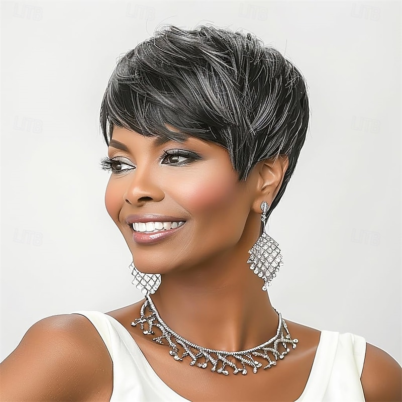 Pixie Cut Wig Short Wigs for Black Women Pixie Black Mixed With Grey Short cut Wigs Pixie Cut Wig for Black Women