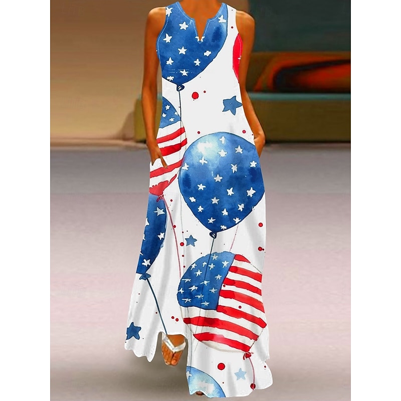 Women's Patriotic  Maxi Dress Shift Dress Summer Dress Casual Daily Holiday Regular Fit Flag Sleeveless Crew Neck Wine Red Navy Blue Blue Summer2