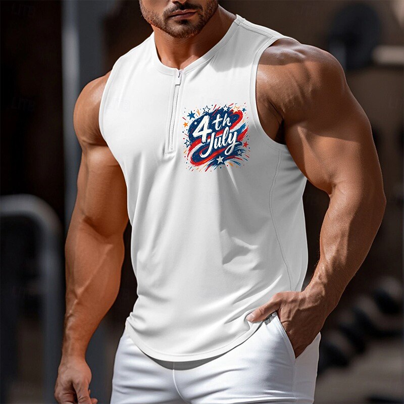 Men's Tank Top Vest Undershirt Sleeveless Shirt Sleeveless Crew Neck V Neck Summer Plain Printed Independence Day Fashion Sporty Classic Quick Dry Street Sport Casual White Blue Orange Top Tee for Men