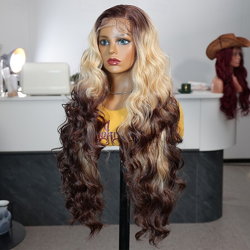 Synthetic Lace Wig Body Wave Style 30 inch Dark Brown Gold Blonde Ombre Middle Part 13x4 Lace Front Wig Women's Wig A13