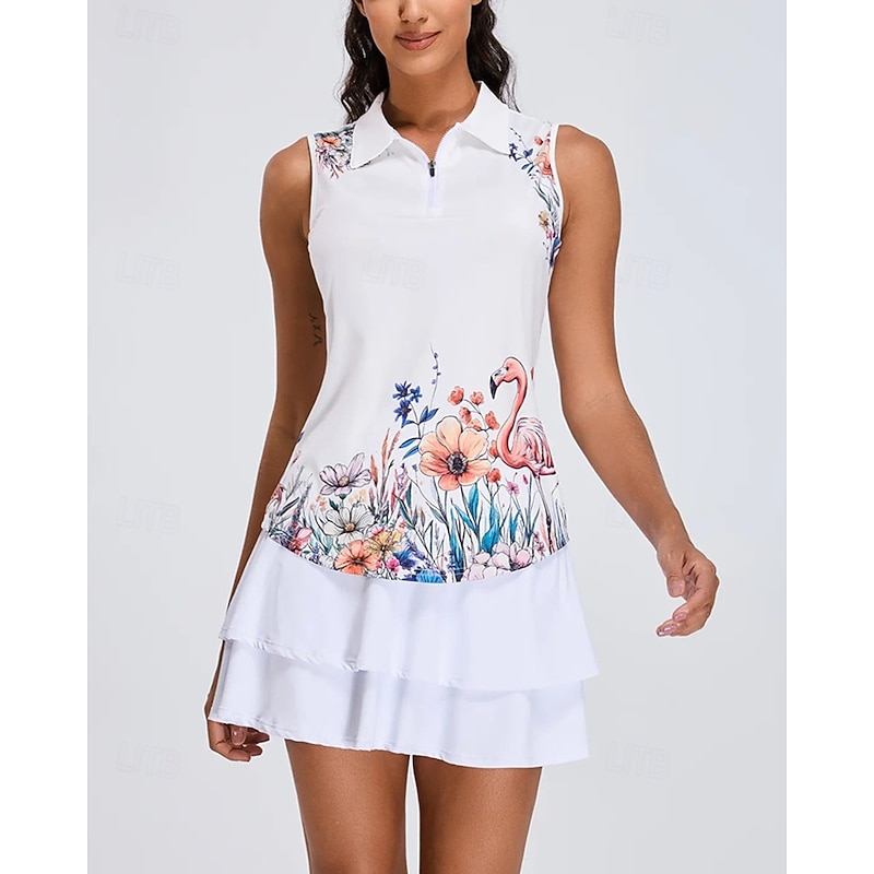 Women's Floral Botanical Flamingos Tennis Shirt Sleeveless Print UPF50+ Quick Dry Tennis Golf Badminton Zip Collar Tee Tshirt Top White Tennis Clothing
