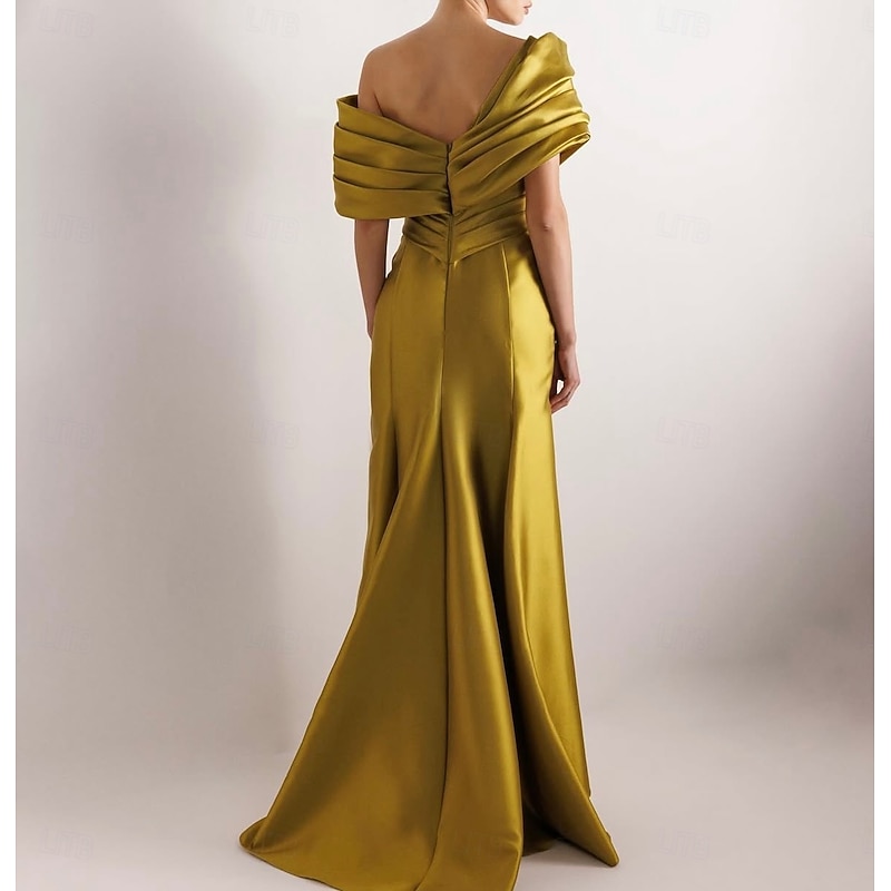 Dress High Fashion Mustard Dress Mermaid / Trumpet Portrait Collar Evening Gown Cocktail Dress Formal Wedding Floor Length Sleeveless Off Shoulder Satin with Ruched Details Slit3