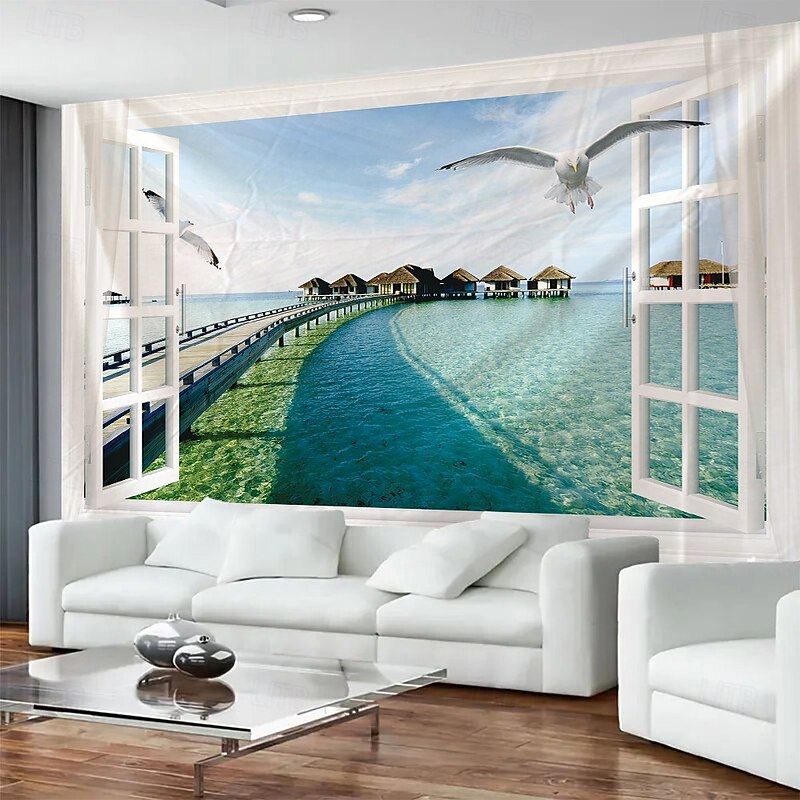Seascape Grass House Bridge Landscape Hanging Tapestry Mural Art Large Tapestry Mural Decoration Photos Background Carpet Curtains Home Bedroom Living Room Decoration4