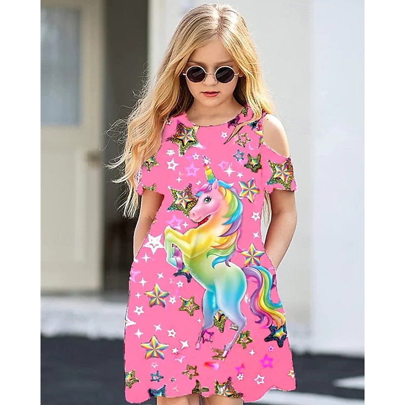 Girls' 3D Unicorn Dress Short Sleeve Summer Spring Vacation Daily Holiday Beautiful Sweet Kids 4-12 Years Casual Dress Knee-length Regular Fit2