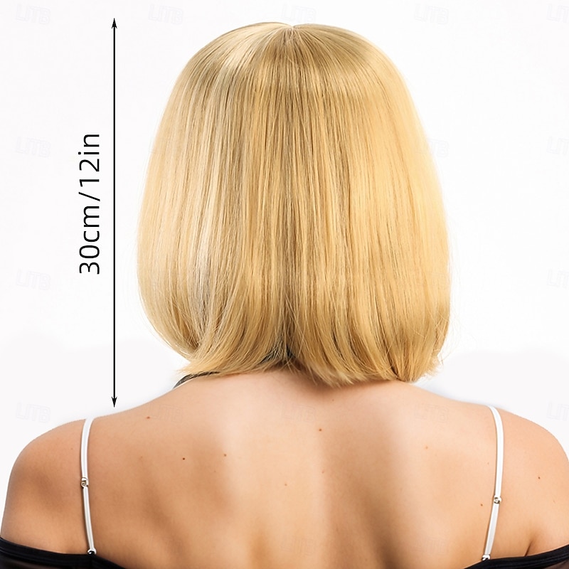 Synthetic Wig kinky Straight Natural Straight Asymmetrical Neat Bang Machine Made Wig 12 inch A1 Synthetic Hair Women's Classic Comfortable Color Gradient Yellow2