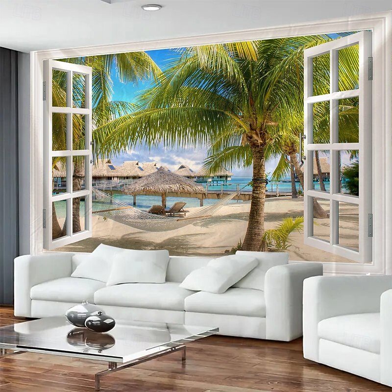 Hanging Tapestry Mural Art With Sea View Outside The Window Large Tapestry Mural Decoration Photos Background Carpet Curtains Home Bedroom Living Room Decoration
