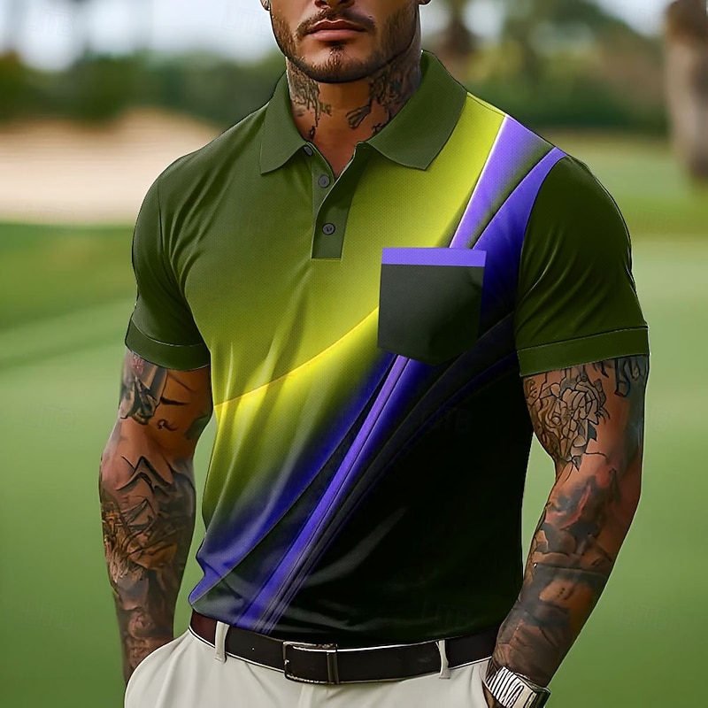 Men's Button Up Polos Street Casual Lapel Short Sleeve Fashion Geometic Line Buttons Pocket Summer Yellow Red Blue Green Button Up Polos2