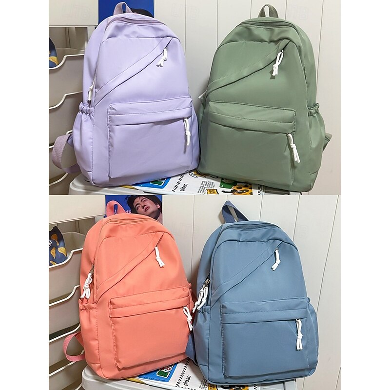Unisex Solid Color Nylon School Backpack with Multi-Pocket Design – Lightweight, Minimalist Style Bookbag for Teenagers and College Students4