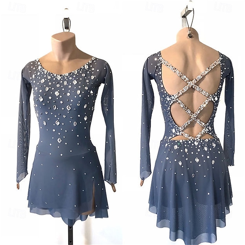 Figure Skating Dress Women's Girls' Ice Skating Dress Navy White Pink Patchwork Open Back Mesh High Elasticity Training Competition Skating Wear Classic Crystal / Rhinestone Long Sleeve Ice Skating